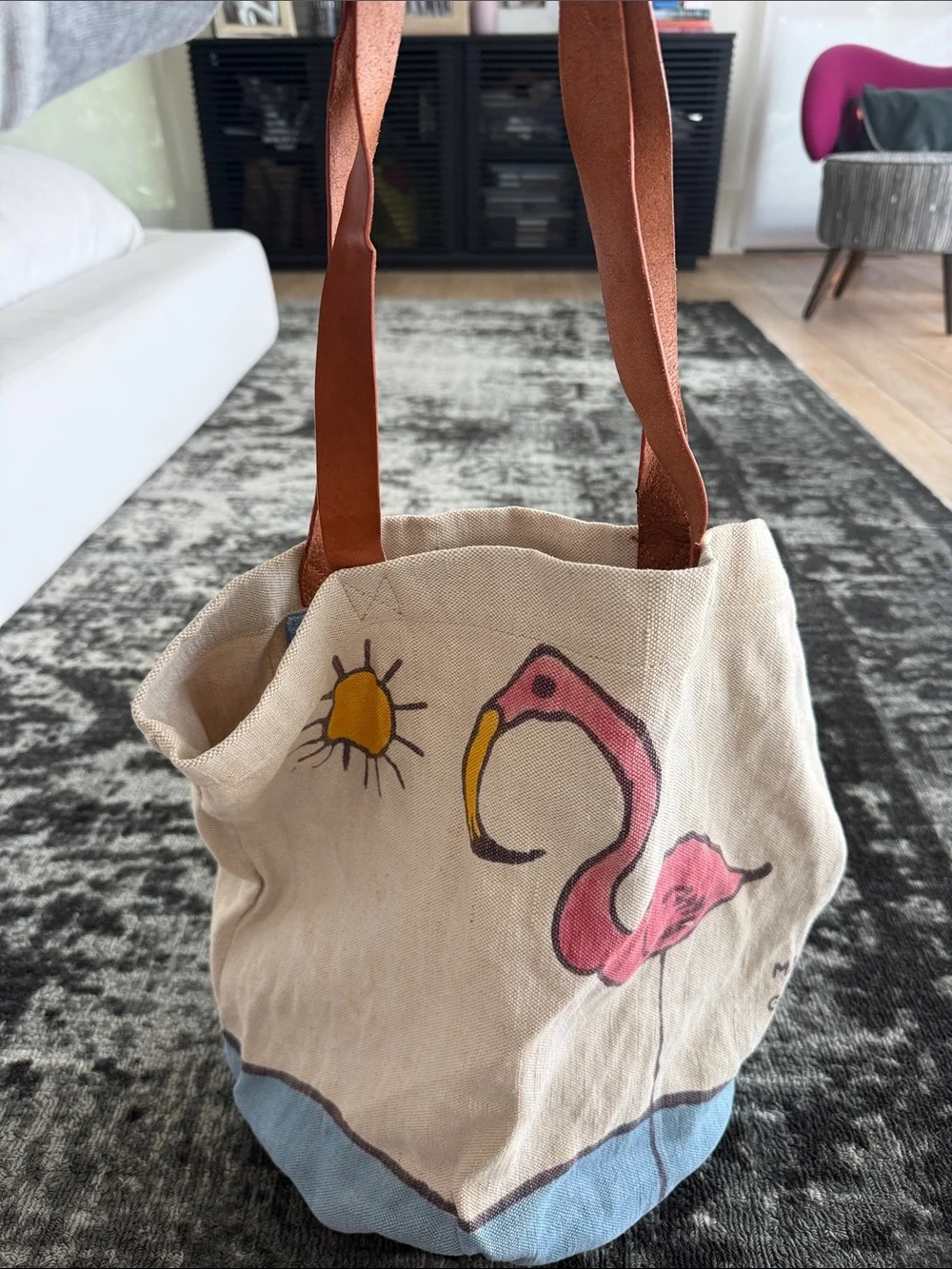 Canvas Flamingo Tote Bag with Brown Leather Straps